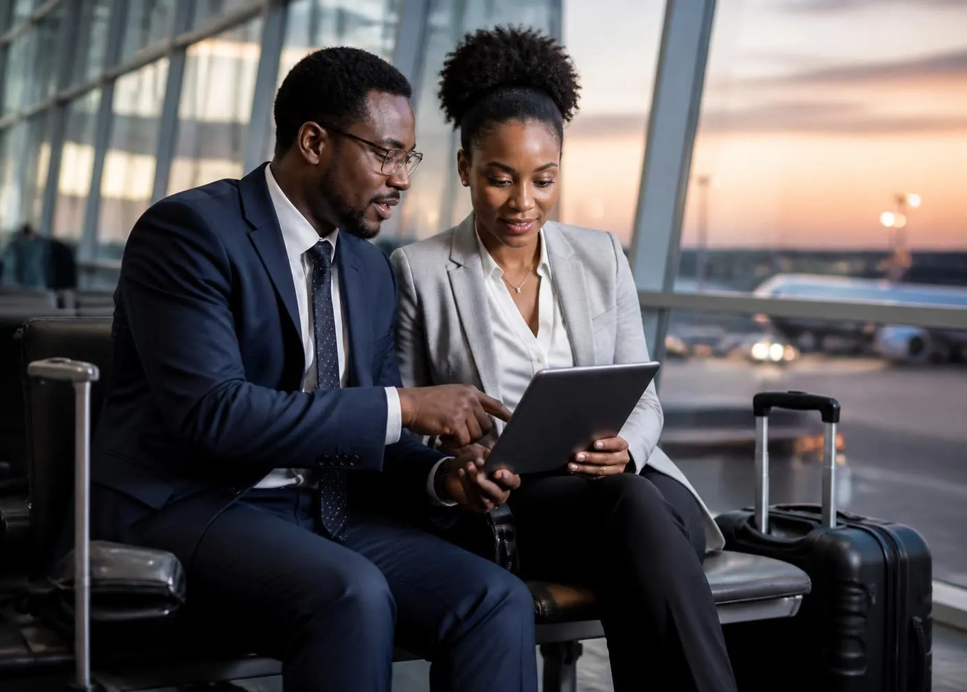 Executives reviewing a travel itinerary at the airport